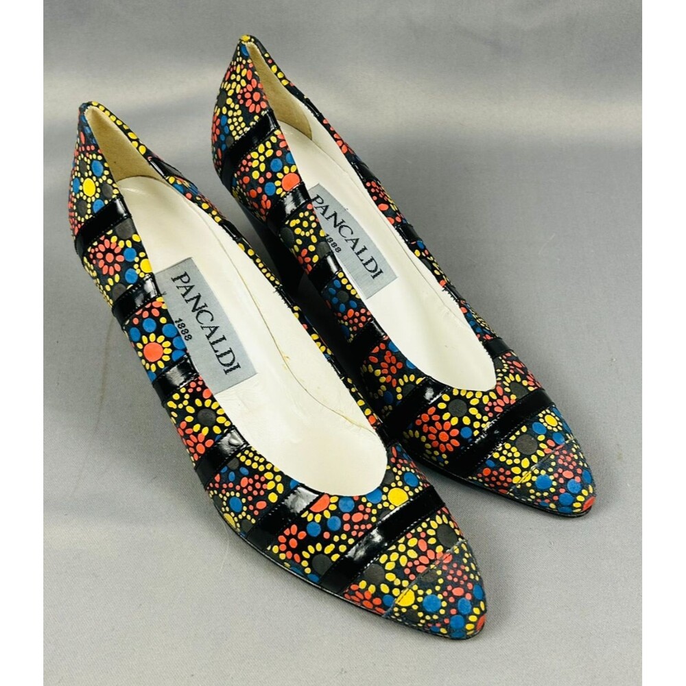 Vintage Pancaldi 1888 Italy Womens Heels Retro Mod Polka Dot Flowers Size 7.5AA